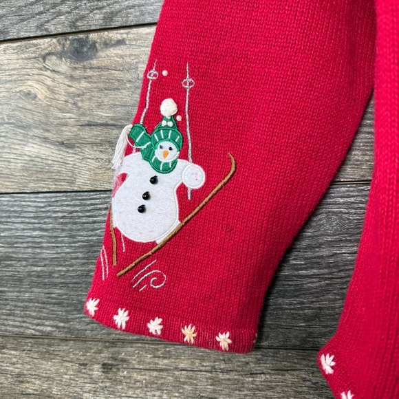 Vintage 90s Heirloom Christmas Snowman Cardigan Skiing Sleigh Riding Fun Size XL - Picture 5 of 11